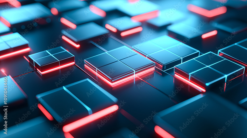 Poster abstract 3d rendering of glowing blue and red squares on dark surface, creating futuristic and techn