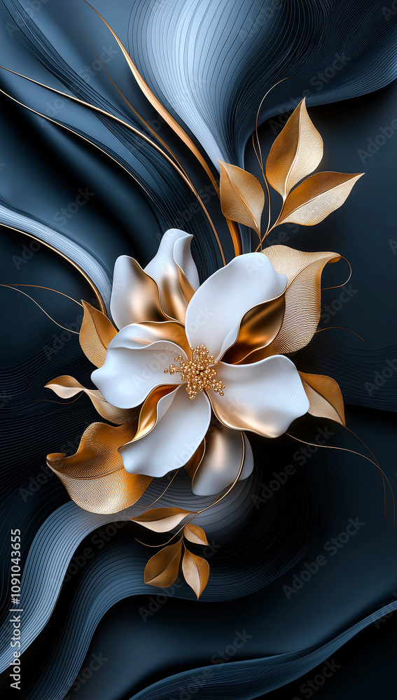 Poster 3d yellow flower with golden leaves on black background creates striking and elegant visual. intrica