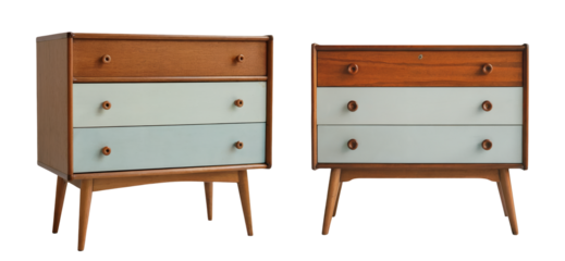 Two-toned wood and blue dresser with retro mid-century design, spacious drawers, tapered legs, transparent PNG cutout furniture for versatile home and office settings