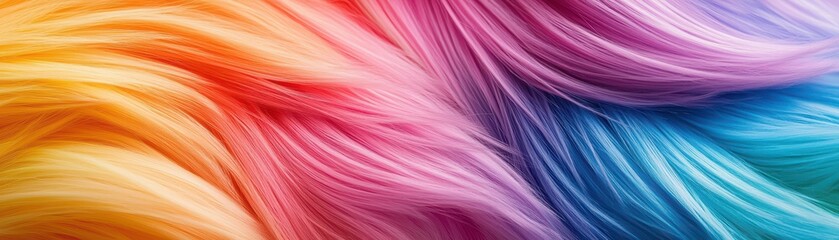 Fototapeta premium Vibrant rainbow-colored strands of hair blend seamlessly, showcasing a spectrum of hues from yellow to blue, creating a visually striking effect.