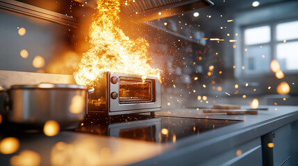Fototapeta premium kitchen is engulfed in flames as oven burns intensely, with sparks flying around, creating dramatic and dangerous scene