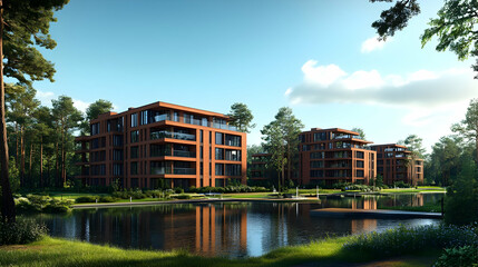 3D Illustration Modern Apartment Buildings Lake Forest Nature Landscape