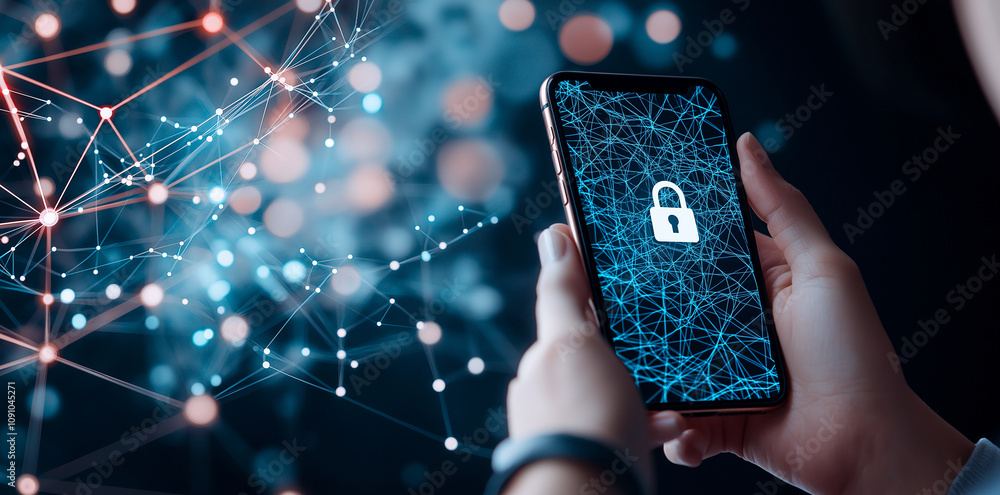 Poster person holds smartphone displaying digital lock symbol, representing cybersecurity and data protecti