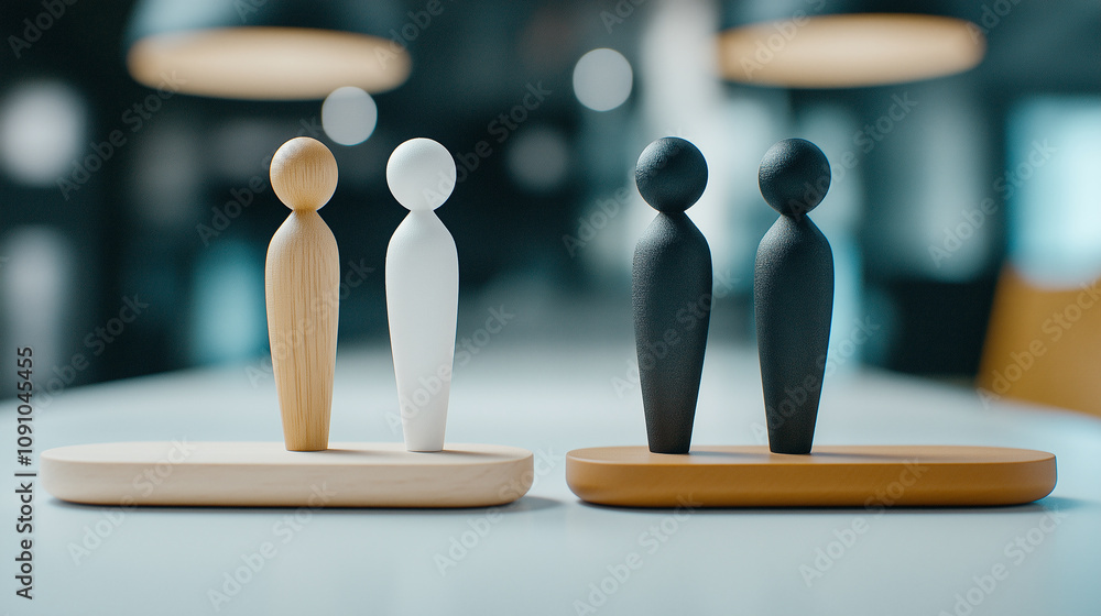 Poster minimalist wooden figures in contrasting colors stand on table, creating modern and artistic display