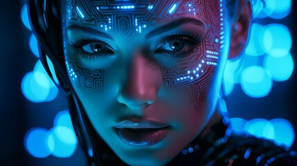 Futuristic Portrait with Digital Circuit Design