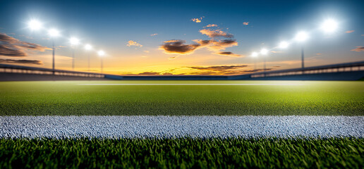 soccer stadium stands illuminated at night, showcasing vibrant green grass and dramatic sunset sky. scene captures anticipation and excitement of upcoming match
