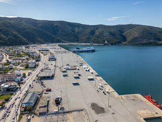 Aerial drone view of the ferry harbour in Igoumenitsa, Greece.