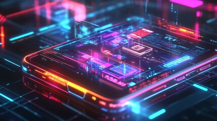 Futuristic smartphone displaying 3D models in hightech setting