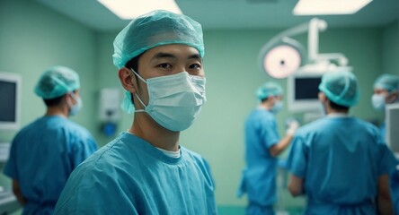 Confident Asian doctor in surgical scrubs with a protective mask, embodying professionalism and dedication in a modern hospital setting.