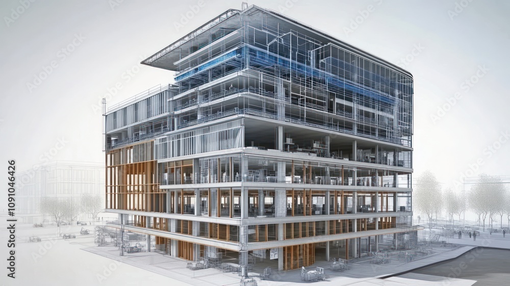 Poster modern architectural design showcasing a multi-story building with innovative features.