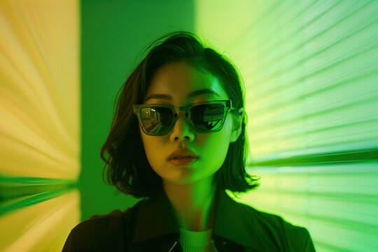 Stylish asian woman wearing sunglasses in vibrant green light with futuristic aesthetics and modern fashion concept