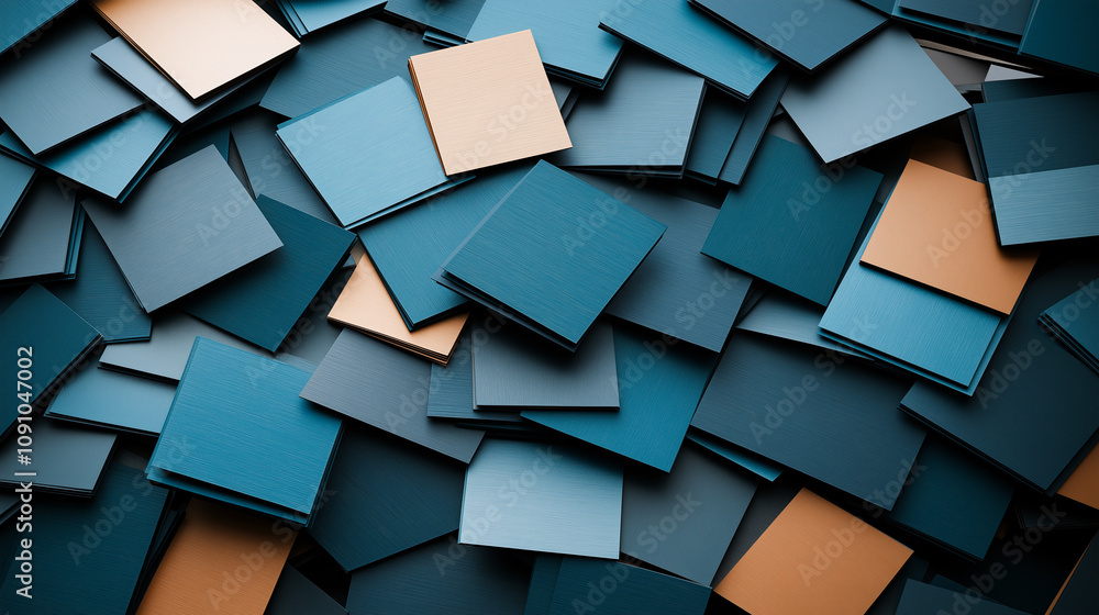 Poster dynamic abstract background featuring overlapping blue and beige square tiles, creating modern and t