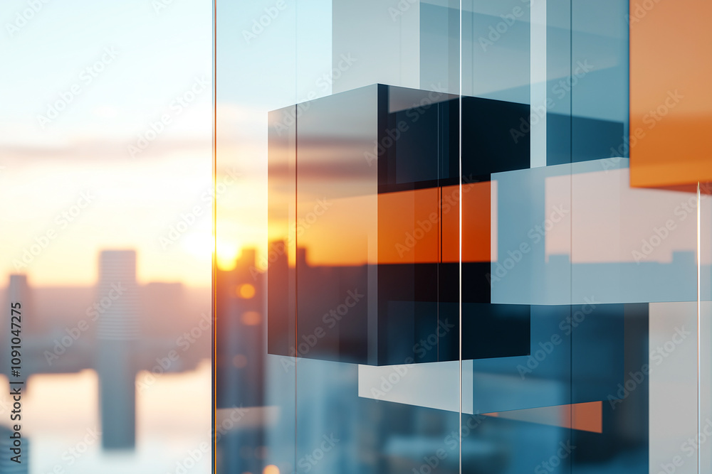 Poster abstract colorful glass building background with geometric shapes reflecting sunlight. modern archit