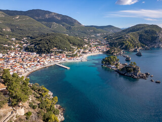 Obraz premium Aerial drone view of the coastal town and holiday destination of Parga in Greece.