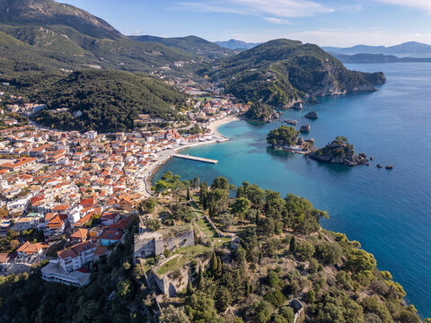 Aerial drone view of the coastal town and holiday destination of Parga in Greece.