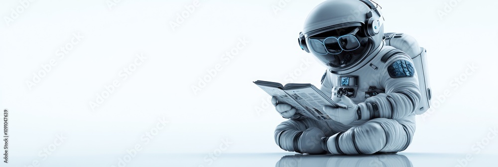 Poster an astronaut reading a book in a minimalistic, futuristic environment.