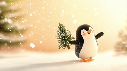Obraz premium A whimsical animated penguin sliding on ice, carrying a tiny Christmas tree with a warm cream backdrop