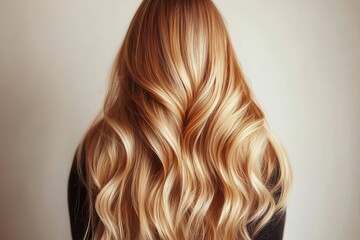 Fototapeta premium Back View of Silky Golden Blonde Wavy Hair with Perfect Shine and Volume. Ideal for Haircare and Beauty Concepts.
