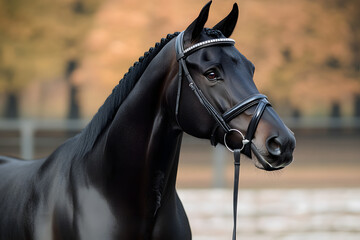 Obraz premium Majestic Black Stallion: A stunning portrait of a black stallion, showcasing its elegant physique and powerful presence. The horse's dark coat glistens, and its intelligent eyes captivate the viewer.