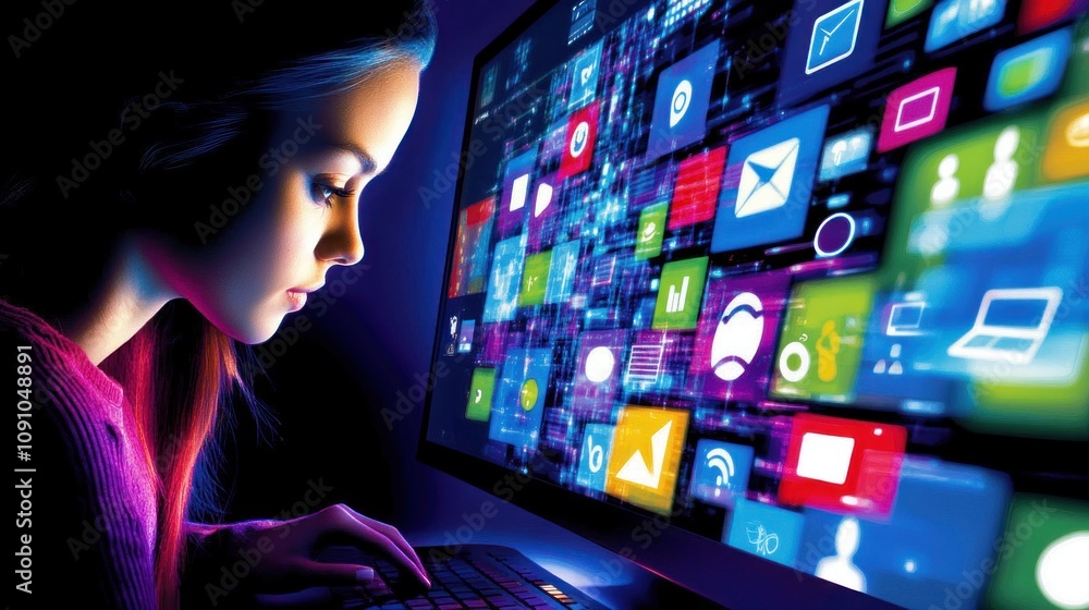 Poster a girl interacts with a computer displaying colorful app icons and digital content.