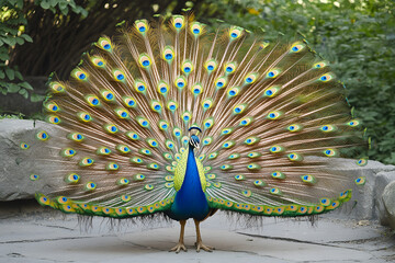 Obraz premium Majestic Peacock Display: A vibrant Indian peafowl proudly displays its iridescent tail feathers in a breathtaking show of natural beauty. The intricate details and vivid colors are captivating. 