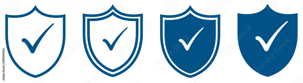 Poster blue shield with check mark icon vector set. security shield protection, approved and trusted produc