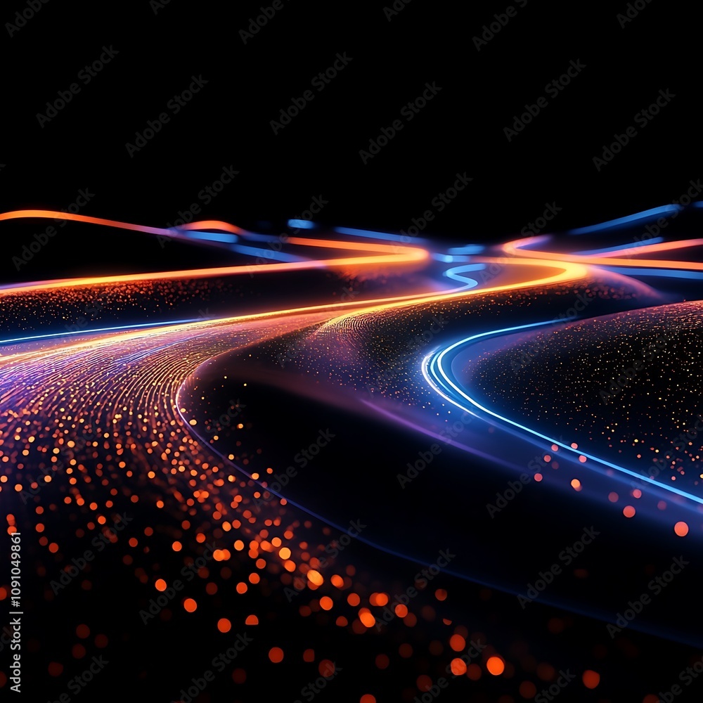 Poster glowing shiny curve light trail lines effect in black background, generative ai