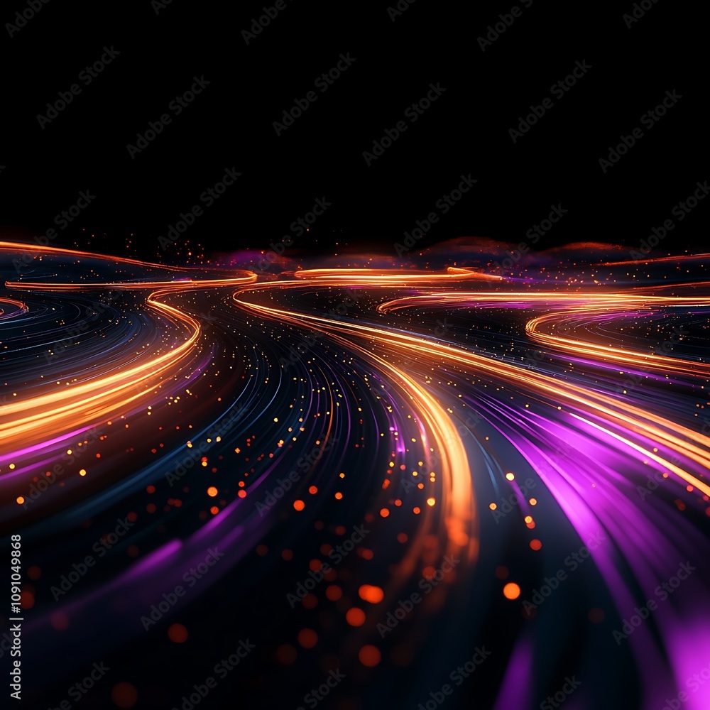Poster glowing shiny curve light trail lines effect in black background, generative ai