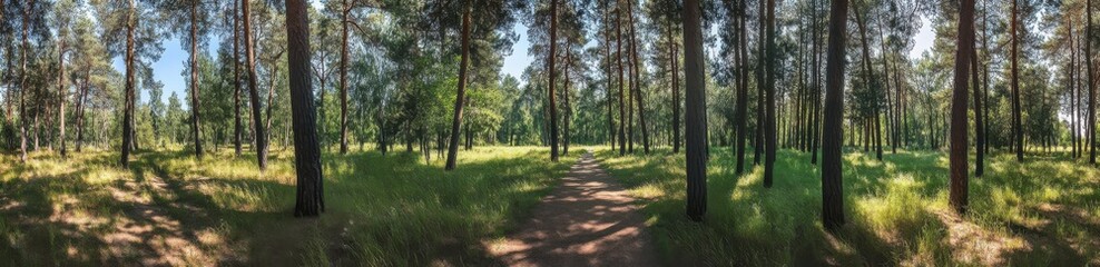 Fototapeta premium A Beautiful Panoramic View of a Sunny Forest Path Surrounded by Tall Trees and Lush Green Grass on a Clear Summer Day in Nature