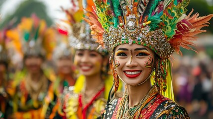 Fototapeta premium A young woman in a colorful headdress smiles during a festival.