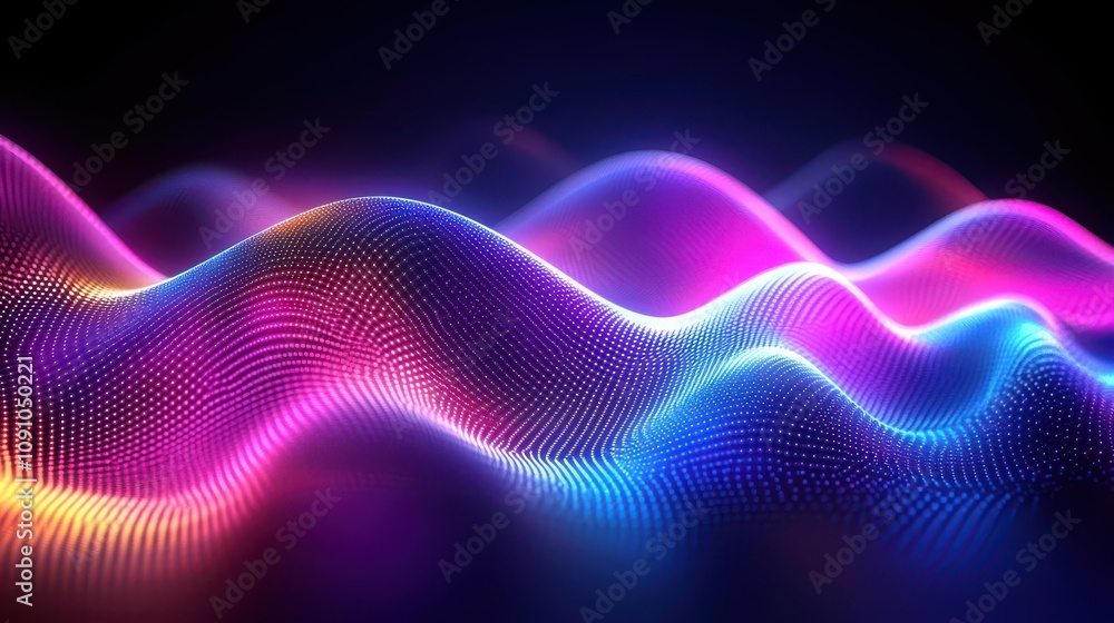 Poster abstract 3d neon wave background: glowing particle flowing dynamically across a dark canvas, creatin