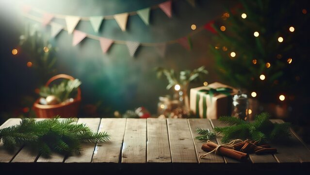 vintage wooden board table with wrapping gifts and festive decorations. Christmas tree, bunting, grunge