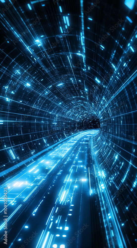 Poster digital data streams illuminate a futuristic tunnel pathway at night