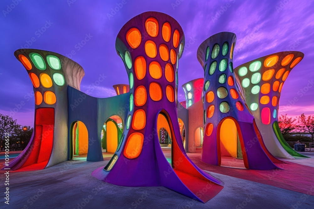 Aufkleber colorful architectural structure with unique shapes and illuminated windows at sunset.