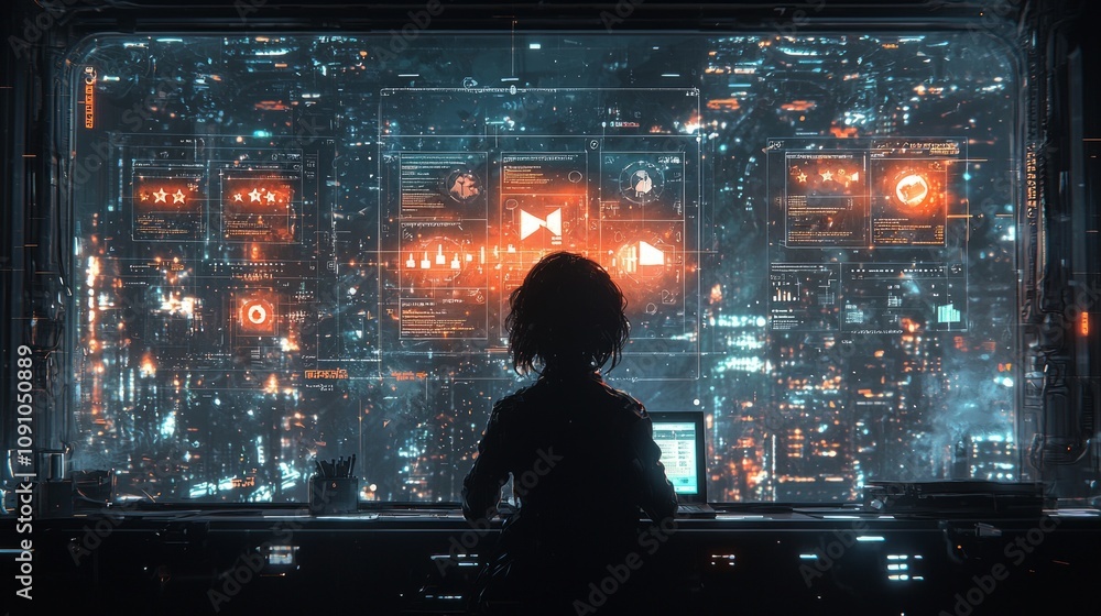 Poster person engages holographic laptop high tech room while reviewing positive client feedback shown as floating graphics sleek dashboard interface.