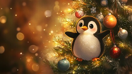 A whimsical cartoon penguin decorating a Christmas tree with oversized ornaments, glowing softly