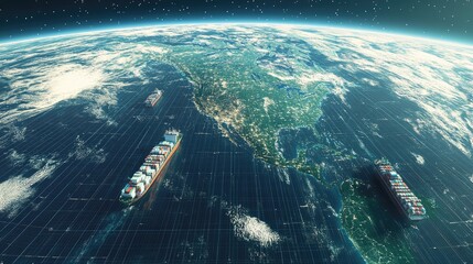 Fototapeta premium Earth grid overlay with container ships flat design front view transport theme 3D render Complementary Color Scheme