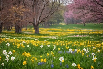 Vibrant Meadow Landscape Filled with Spring Blooming Flowers