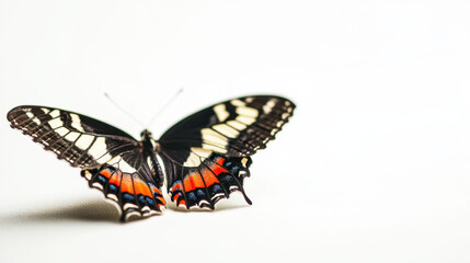Obraz premium Vibrant butterfly with striking red and black wings on a pristine white background, showcasing its colorful beauty.