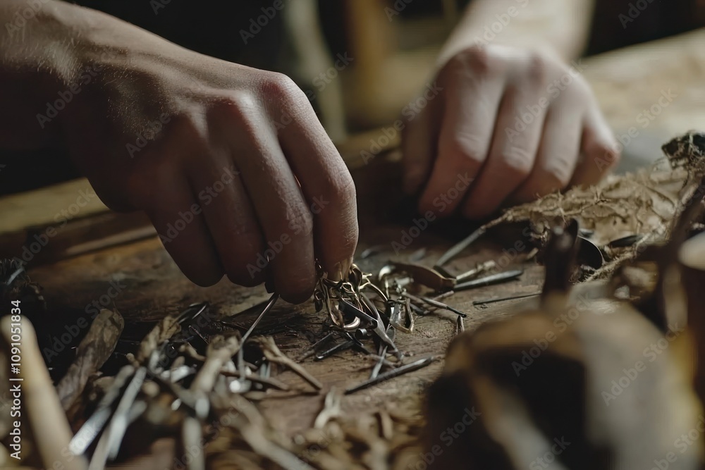 Poster hands sorting through various tools and materials on a wooden workbench.