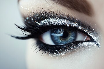 Obraz premium Detailed Close-up Portrait of Glitter-encrusted Black Eyeshadow and Dramatic Eyelash Extension