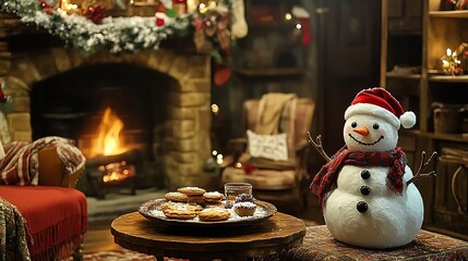 A whimsical living room with a snowman decoration, Christmas cookies on a table, and a crackling fireplace -