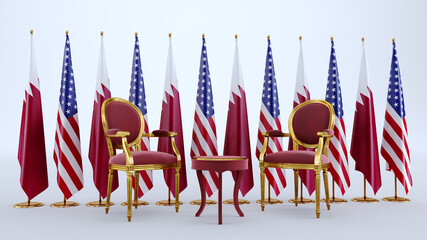 Row of flags of Qatar and the USA and red armchair on white background
