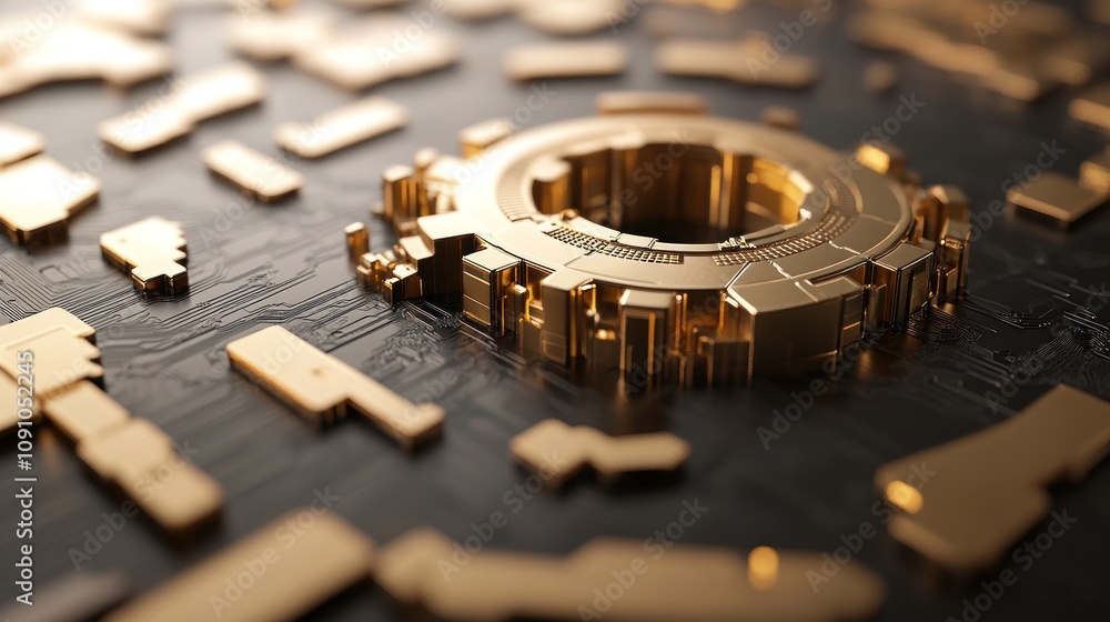 Poster a close-up of a metallic gear-like structure on a circuit board, symbolizing technology and innovati