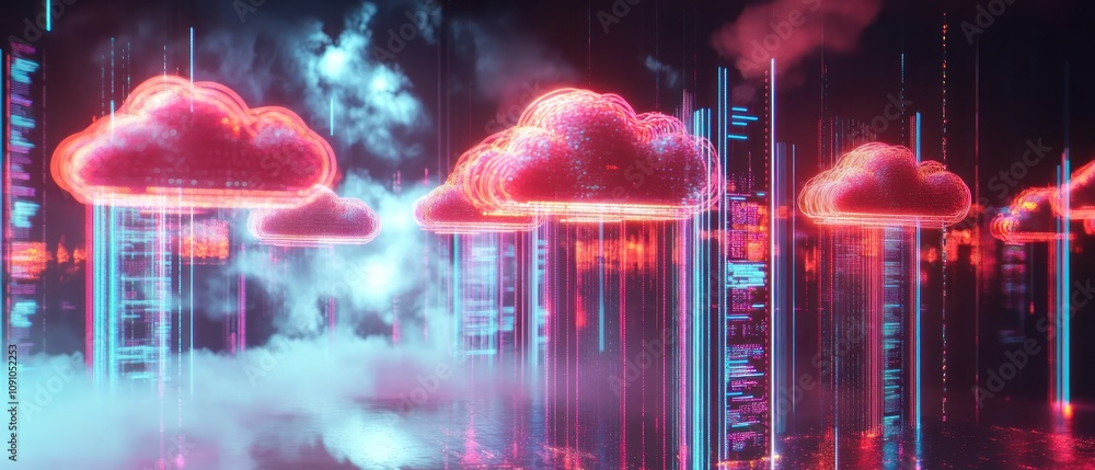 Poster futuristic digital clouds with neon lights and data streams in a cybernetic landscape.