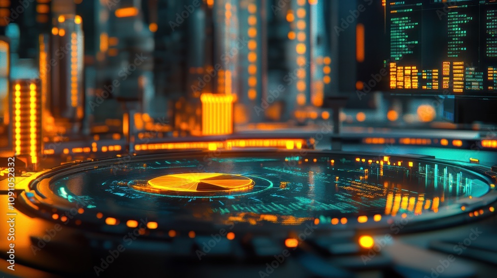 Aufkleber A futuristic control panel with glowing data visualizations and interfaces.