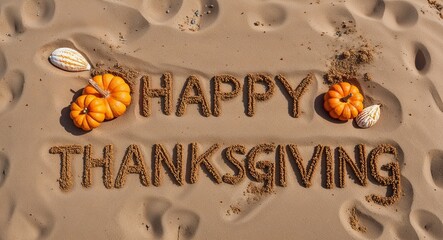 happy thanksgiving lettering on sand in beach on summer