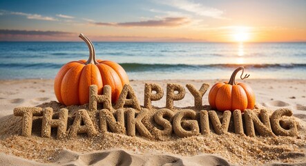 happy thanksgiving lettering on sand in beach on summer
