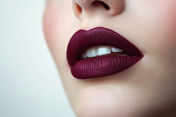 Naklejka premium Close up of lips with rich plum matte lipstick capturing detailed texture and vibrant color