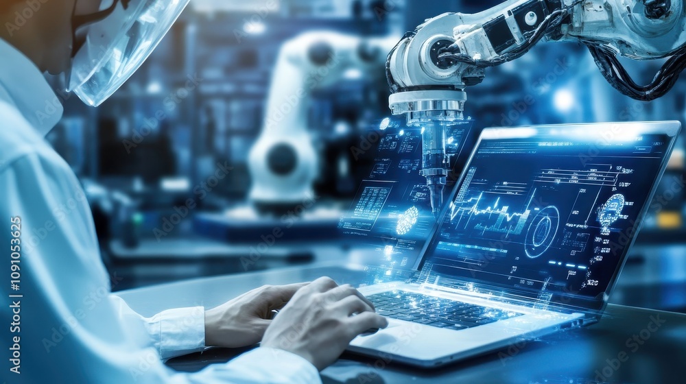 Poster a person interacts with a laptop while robotic arms operate in a high-tech environment.